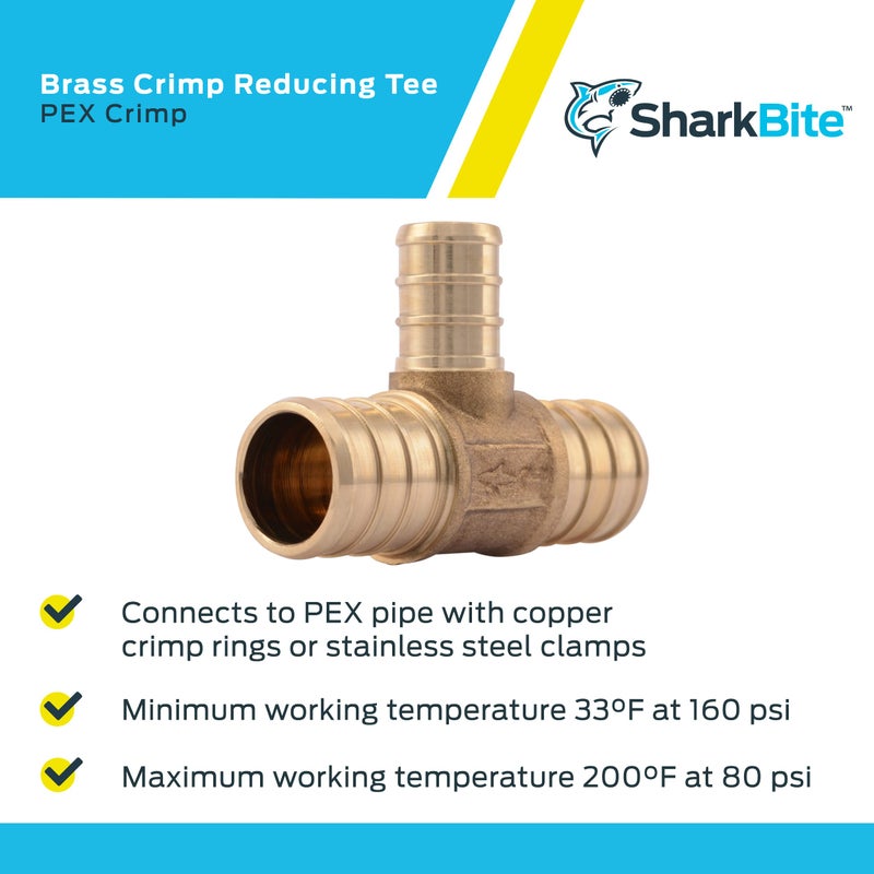 SharkBite 3/4 Inch x 3/4 Inch x 1/2 Inch Crimp Reducing Tee, Pack of 10, Brass Plumbing Fitting, PEX Pipe, PE-RT, UC412LFA10 - Image 4